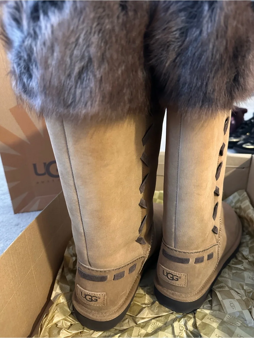 UGG Chestnut Suede Boots with Dark Brown Faux Fur Cuff